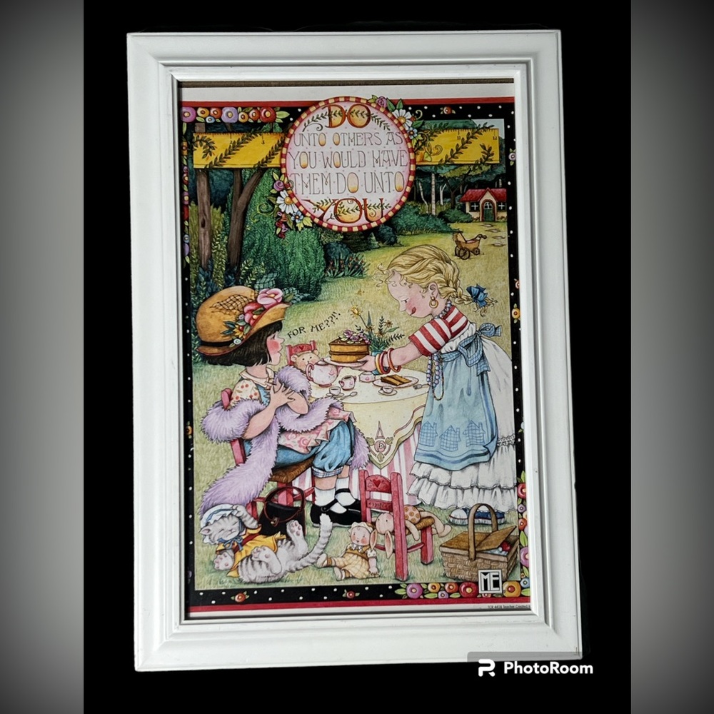 Mary Engelbreit Framed Print Do Unto Others Golden Rule 2 Little Girls Tea Party